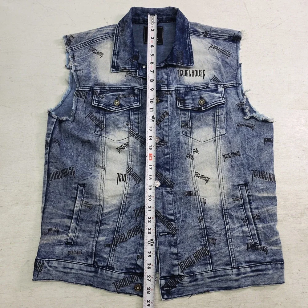 Jewel‎ House AOP Logo Jean Jacket Distressed Wash Denim Button Vest Men's XL